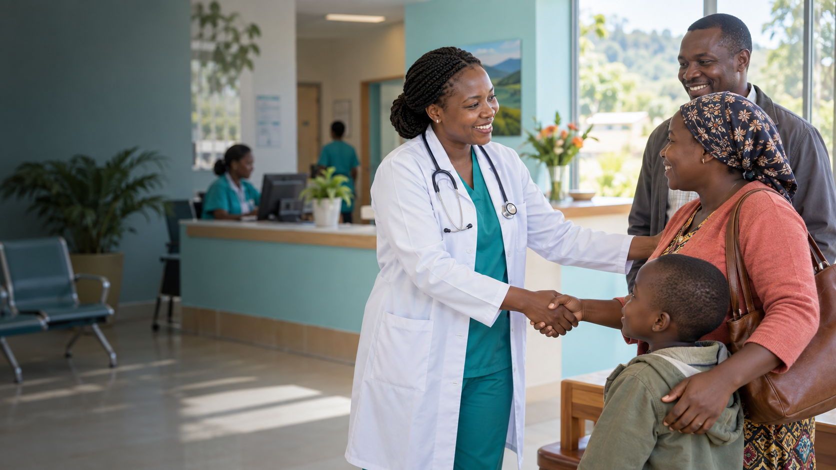A clinician welcoming a family at a modern community hospital